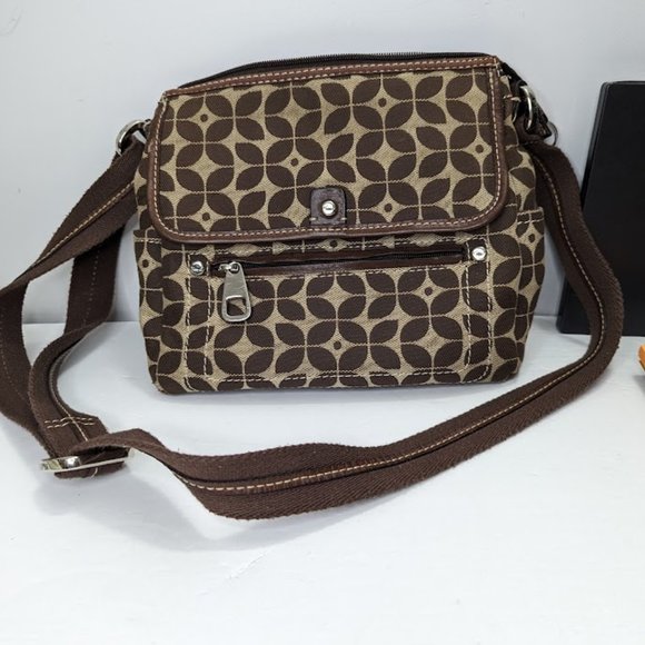 Fossil Canvas Brown Tan crossbody purse tote Signature - Picture 1 of 8